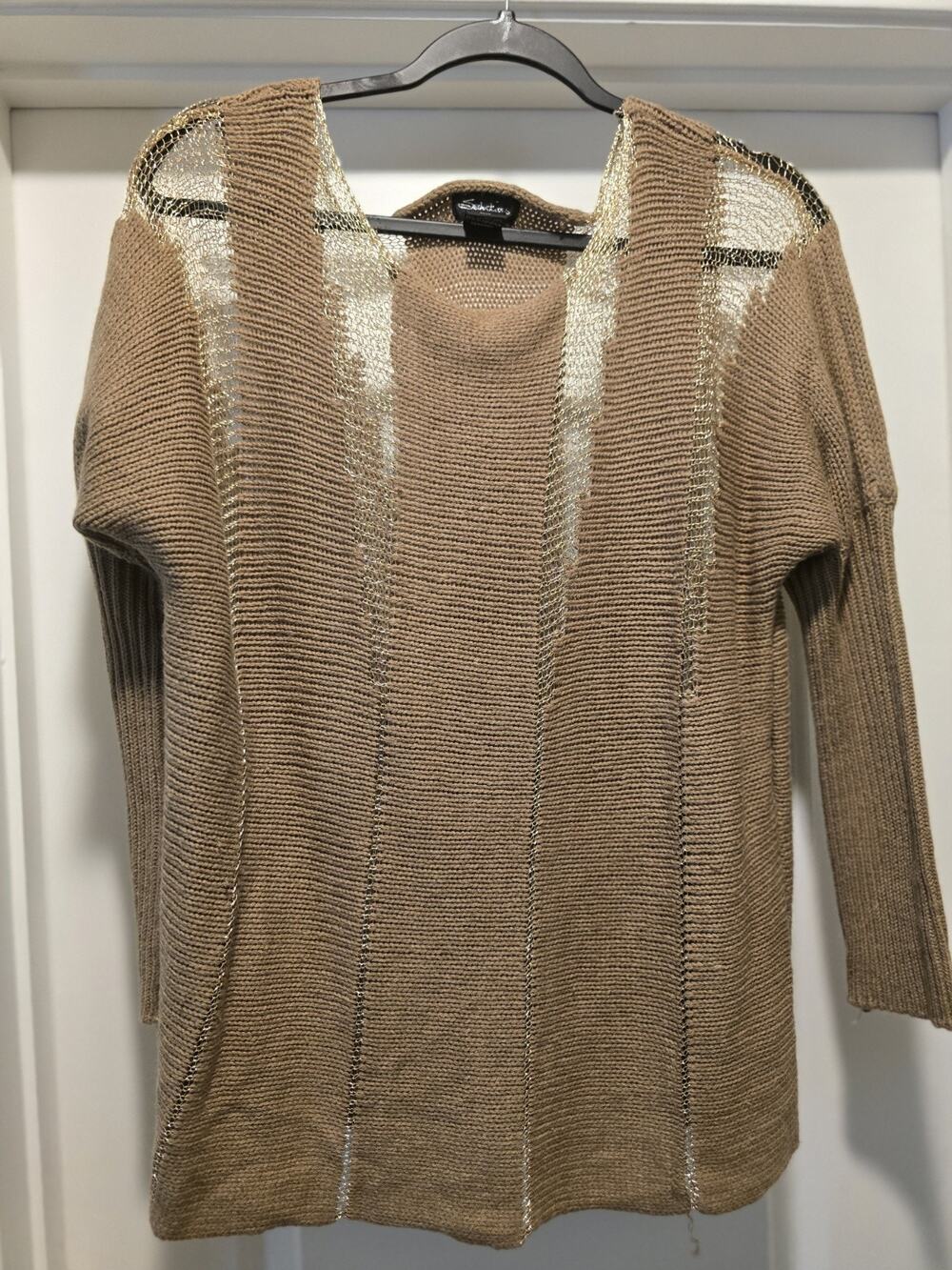 Seductions Brown Knit Metallic Pullover Sweater Sheer Open Weave Top